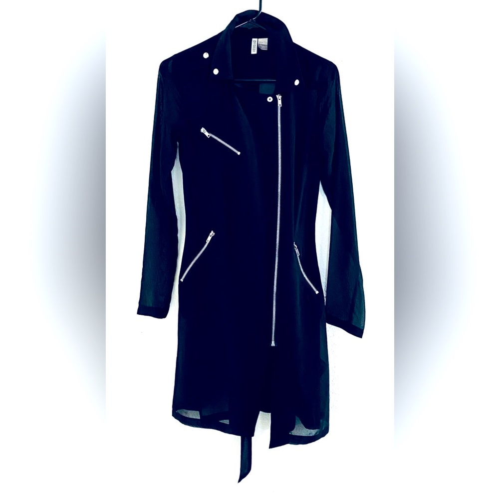 Long Black Biker Shirt/Jacket Sheer with Numerous Zipper design